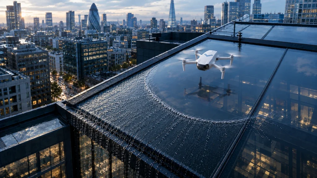 Drone airflow removing residual water film from a glass facade